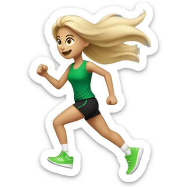 Girl with blond tail, in green sneakers, in black top and shorts running sticker