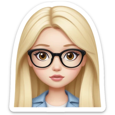  long blonde hair, pale skin, brown eyes, glasses, pretty bratz baddie, black eyeliner, blush sticker