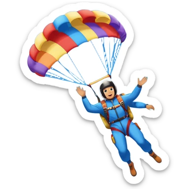 A skydiver free-falling through the sky, with a brightly colored parachute open above them. The background features a vast blue sky dotted with fluffy clouds, birds soaring nearby, and a plane flying off in the distance, emphasizing the thrill and freedom of the sport. sticker