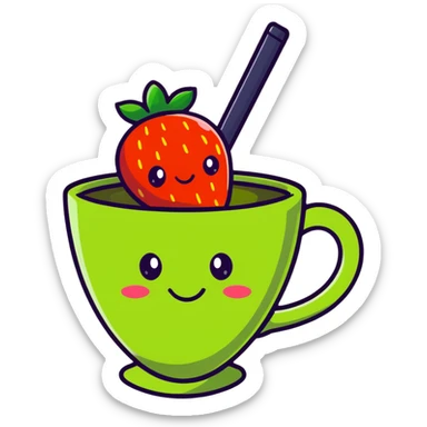 cute cartoon strawberry green tea in a cup with a smiling face sticker