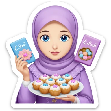 Turkish beautiful finish Konya girl blue eyes with lilac floral hijab islamic dress and had on her hand text Eid Mubarak with sweets and celebrating with her friends eid days   sticker