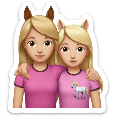 Two Girls with their arms around each other at summer camp one blonde one brown hair brown hair wearing pink horse shirt no horse ears sticker