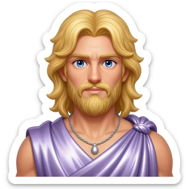 Zeus from Greek Mythology with blue eyes, long blonde hair, lilac metallic toga, silver necklace sticker