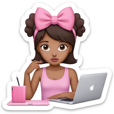 brown girl with dark brown hair with Mac book in front of her and a pink bow on her head dark brown eyes pink tank top and a little bit of blush  sticker