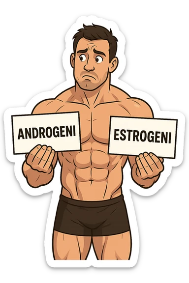 BODYBUILDER CHE TIENE LA SCRITTA "ANDROGENI" NELLA MANO DESTRA E LA SCRITTA "ESTROGENI" NELLA MANO SINISTRA, ESPRESSIONE DUBBIOSA IN VOLTO sticker