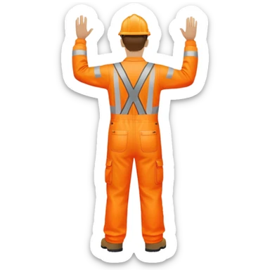 man standing facing away, wearing orange hi visibility overalls  with one arm raised sticker