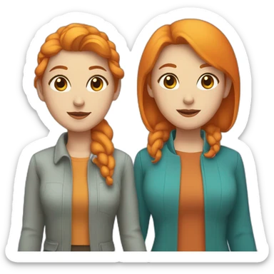 two lesbian white women holding hands, one with brown eyes and medium length orange hair, one with blue eyes and short teal hair sticker