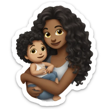  Brunette with tattoos on arm with long hair holding a baby boy with curly hair  sticker