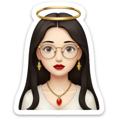 Angel girl with eyeglasses and long dark hair with red lipstick  and push gold necklaces and dark eyes sticker