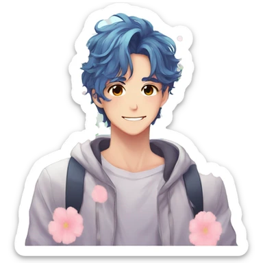Gorgeous bright sparkly romantic anime style guy with blushing face and flowers aesthetic trending style outside sticker