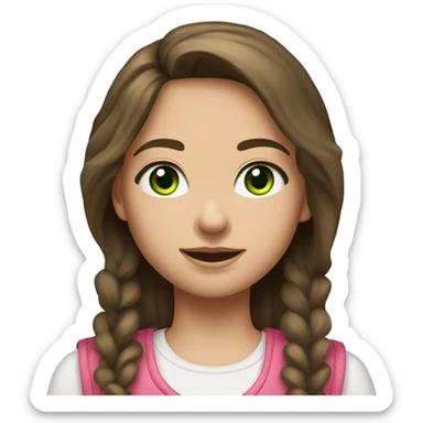 a girl with brunette hair and a pink vest with a white laced tank with flared jeans and green eyes sticker