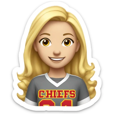 smiling girl with blonde hair and shirt with “Chiefs Kingsom” sticker