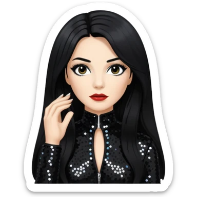 Janet Planet, Female Electropop Singer from Confidence Man with long black hair, black sequin outfit sticker