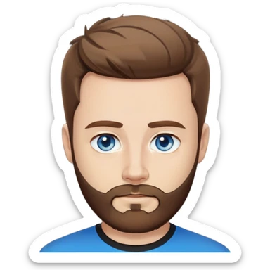 a man with short, styled brown hair and a full, neatly trimmed beard. He has light skin, blue eyes, and is looking directly at the camera with a neutral, calm expression. He’s wearing a black T-shirt sticker