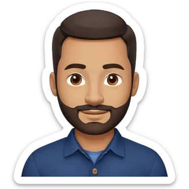 Robust warm-looking man in his early 40s with light brown skin, round face, full cheeks, medium brown eyes, thick eyebrows, wide nose, friendly smile, short neat full beard, very short dark hair, wearing a navy blue button-up shirt sticker