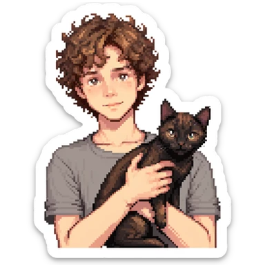 young male with brown light skin, slightly curly hair, holding a black cat sticker