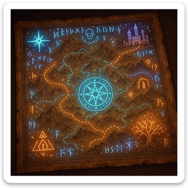 a magic map, glowing with enchanted symbols, fantasy style sticker