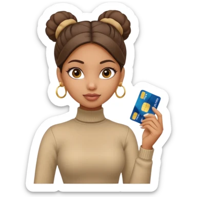 a pretty bratz fair indian girl wearing a beige turtleneck, golden earrings, bun, holding bank cards sticker