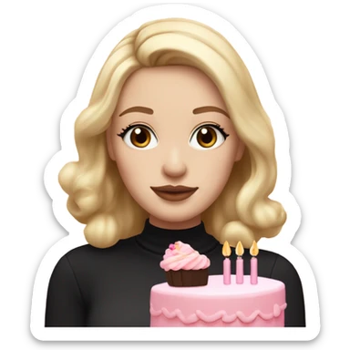 White girl with blonde medium length straight hair, pink lips, dark eyes, black turtleneck, white and pink birthday cake in hands sticker