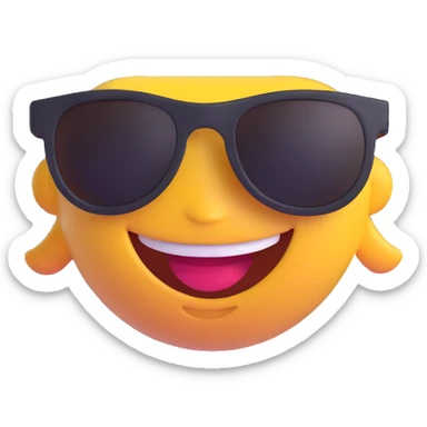 3D emoji of a person with a big smile and sunglasses, joyful expression, 'Enjoy' style sticker