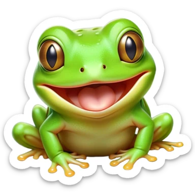 Cinematic Cute Yawning Green Tree Frog Portrait Emoji, Head tilted slightly with a dramatic, wide-open yawn, showcasing a compact, vivid green body with gently drooping eyelids and half-closed, drowsy eyes, Simplified yet irresistibly adorable features, highly detailed, glowing with a soft, cozy jungle glow, high shine, relaxed yet expressive, stylized with a dash of whimsical amphibian charm, soft glowing outline, capturing the essence of a drowsy yet affectionate green tree frog that appears ready to stretch out for a nap! sticker