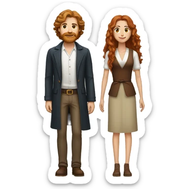 Tall white man with long brown hair and beard an woman with long reddish hair sticker