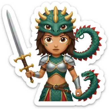 Fierce Latina in armor with a sword after a battle cutting off the head of a hydra sticker