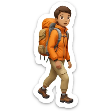 Person hiking through mountains, wearing orange jacket, carrying backpack, scenic landscape sticker