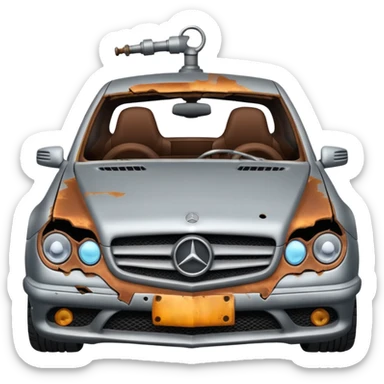 a broken mercedes with steam coming from below the bonnet sticker