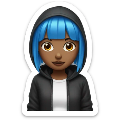Girl with a blue bang and pink strands and a black hoodie with white strings sticker