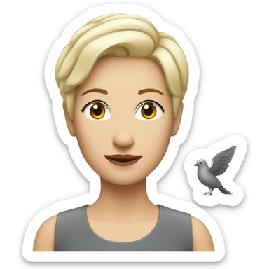blonde woman with short hair with a gray pigeon on her shoulder sticker