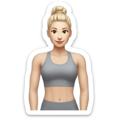 Pale skinned fit woman In a gray tight yoga suit and wristbands With ash blonde hair in a bun doing yoga sticker