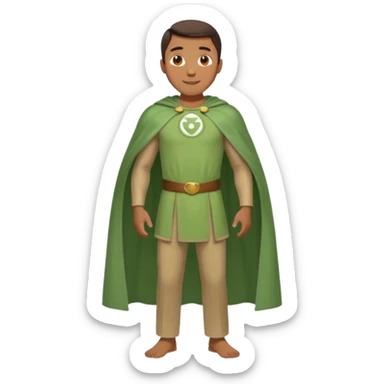 standing up healthy perfect man in simple greenish tunic cape and pants smiling sticker
