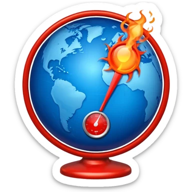 Blue Earth sphere, tilted. Prominent, oversized, fiery red thermometer/gauge, embedded. Indicator peaking 'danger' zone. Stylized orange/red heat waves/wisps rising from top half. Strong blue/red contrast sticker