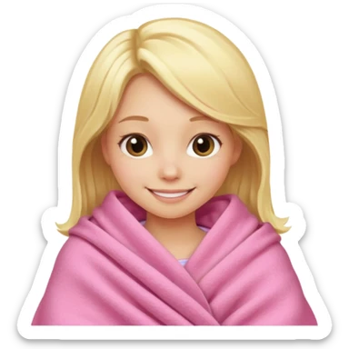 blonde girl wrapped tightly in a pink blanket, smiling sticker