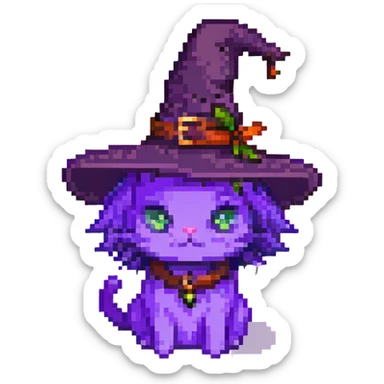 purple witch cat with a hat pixel art sticker