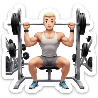 A focused athlete working out on a strength training machine in a modern gym. Muscles engaged, expression determined, demonstrating power and endurance. The gym is filled with equipment like dumbbells, barbells, and mirrors reflecting effort, creating a high-energy atmosphere. sticker
