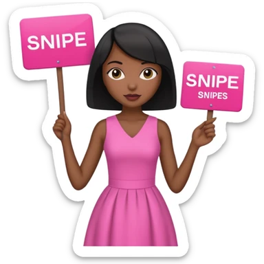 Dark skin woman with black bob in hair holding sign that says snipe  wearing pink dress  pink sign  sticker