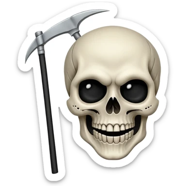 A laughing skull with a scythe crossed behind it, one eye socket winking. Clean, stylized lines, flat vector. Medieval woodcut style. Black and white with one accent color (tarnished silver). No background. sticker