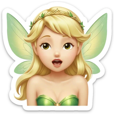 Cinematic Realistic Blonde Tinker Bell Fairy Portrait, head tilted slightly with a dramatic, wide-open yawn, revealing a tender, drowsy visage with intricately detailed golden blonde hair and softly shimmering wings gently drooping. Her sleepy, sparkling eyes exude a dreamy, ethereal charm, while the soft natural light and high shine emphasize every delicate detail—capturing the essence of an enchanting fairy drifting into a magical slumber. sticker