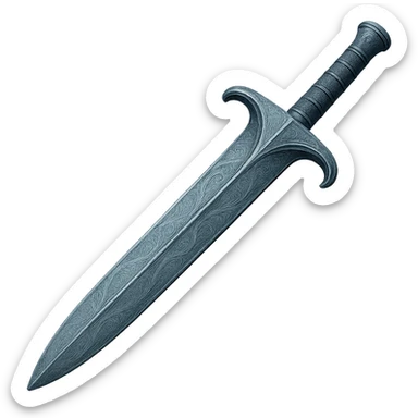 Recolor this weapon to match the blueish-gray steel color and ornate engravings of the reference helmet. Emphasize the cool metallic finish and detailed engravings, matching the helmet exactly. Transparent background. The style should reflect a cool metallic look with detailed engravings as seen in the helmet reference. sticker