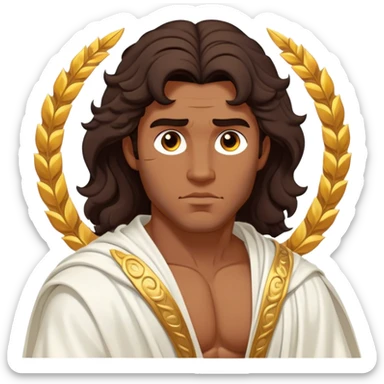 Cinematic Realistic Hercules Portrait, depicted as a classical Greek hero inspired by the Disney version yet echoing the refined proportions and serene dignity of Michelangelo's David. His idealized, sun-kissed bronze skin glows with timeless strength, and his thick, wavy dark hair falls in natural, sculpted curls. Draped in a flowing white robe with delicate golden accents, his expressive eyes radiate determined nobility, all rendered under dynamic natural lighting with a mythic, radiant glow. sticker