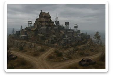 A small hilltop mesa city in the videogame dayz, screensot, based on whiterun but with modern DayZ architecture  sticker