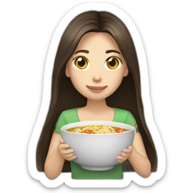 brunette with long hair eating ramen bowl sticker