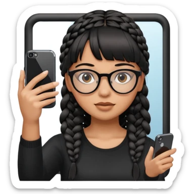 Wearing black braided hair, full bangs, and eyeglasses, taking a mirror selfie with an iPhone sticker