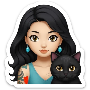 a pretty beautiful Chinese girl with long black  Big Wave hair and tattoos and a black round faced cat and black eyes sticker