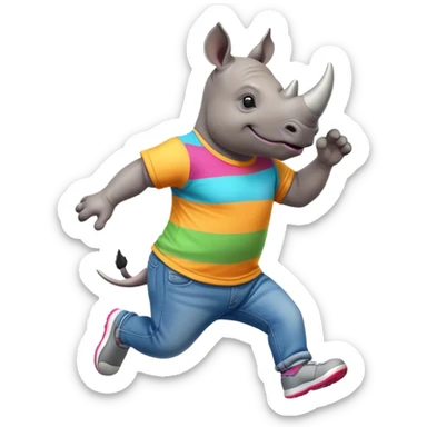 friendly anthropomorphised rhino in jeans and colourful t-shirt, wearing dark sunglasses, jogging upright, jumping with excitement, standard pose sticker