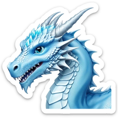 Cinematic Noble elegant Ice Dragon Portrait Emoji, Poised and imposing, distinct long elegant snout, with a slender, scaled body shimmering in glacial hues of icy blue, frostbitten silver, and crystalline white, breathing out frost, with piercing, glowing ice blue white eyes that radiate the chilling depths of an arctic storm; rendered in detail. sticker