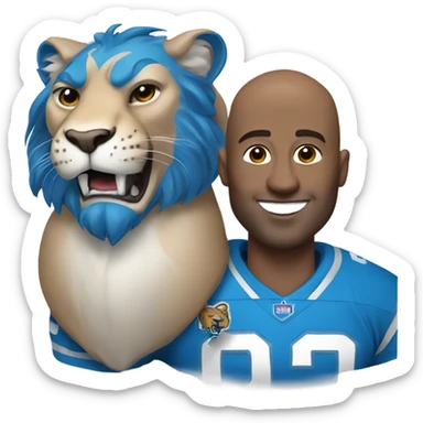 smiling bald man in blue, rinding a lion wearing a Detroit Lions helmet sticker