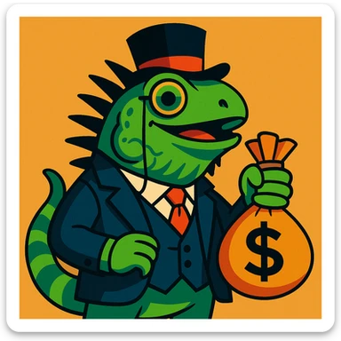 an iguana dressed as a wealthy capitalist, wearing a top hat, monocle, and suit, holding a money bag, in a fun and expressive style sticker